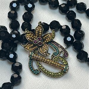 HEIDI DAUS Black Glass Bead Swarovski Crystal Lilly Flower Toggle 36" Necklace